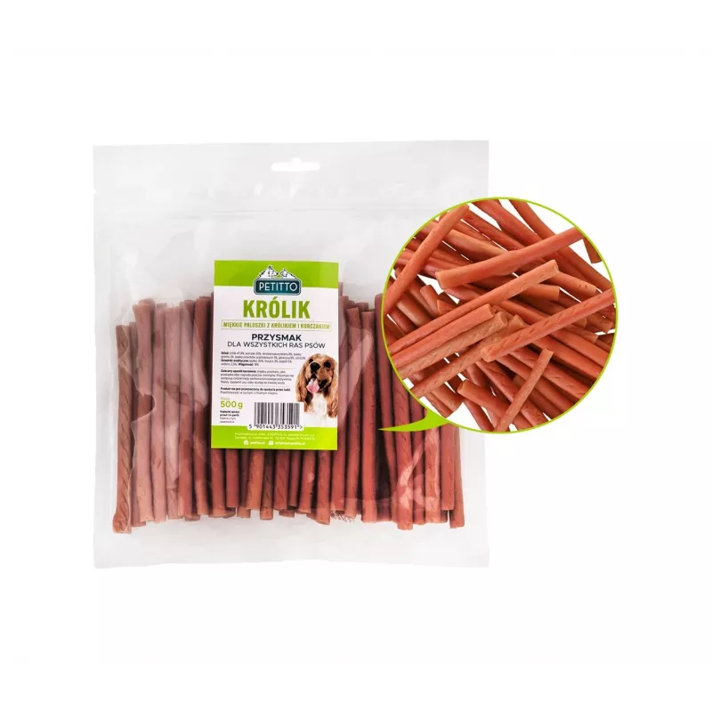 Suņu kārumi PETITTO Soft rabbit fingers — truša garšas mīkstās košļājamās nūjiņas suņiem, 500 g, treniņu kārums, pieaugušiem, bez sojas, bez lipekļa