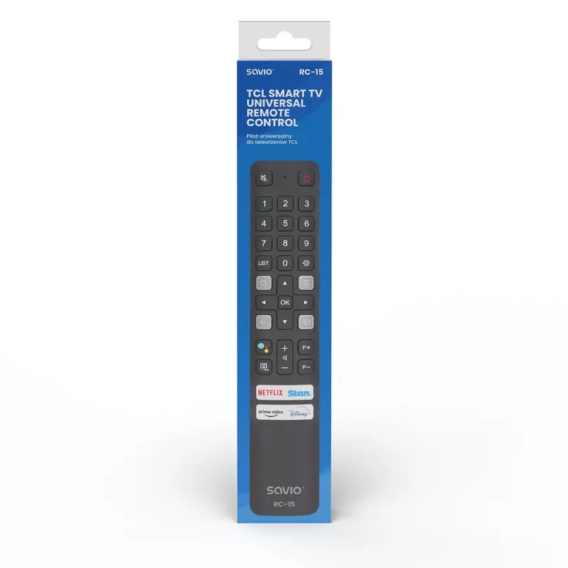 SAVIO universālā TV tālvadības pults RC-15 TCL SMART TV, IR bezvadu, melna, diapazons 10 m