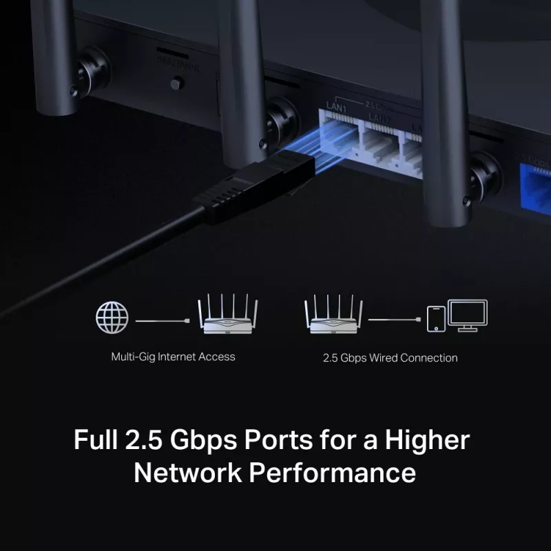 Galda maršrutētājs MERCUSYS MR47BE — Trīsjoslu Wi‑Fi 7 (2,4/5/6 GHz), 9300 Mbps, 3× RJ‑45, 2,5 GbE, 6 ārējās antenas