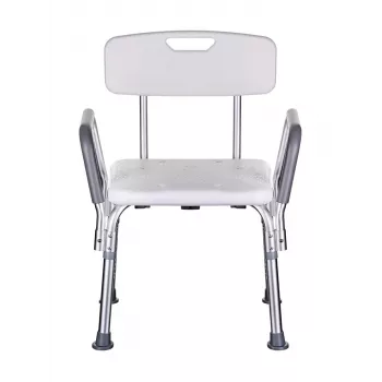 Dušas krēsls ActionMed KP300AM ar atzveltni un roku balstiem, polipropilēns, regulējams augstums 43–56 cm, sēdeklis 40×33 cm, maksimālais lietotāja svars 110 kg
