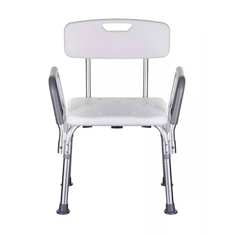 Dušas krēsls ActionMed KP300AM ar atzveltni un roku balstiem, polipropilēns, regulējams augstums 43–56 cm, sēdeklis 40×33 cm, maksimālais lietotāja svars 110 kg