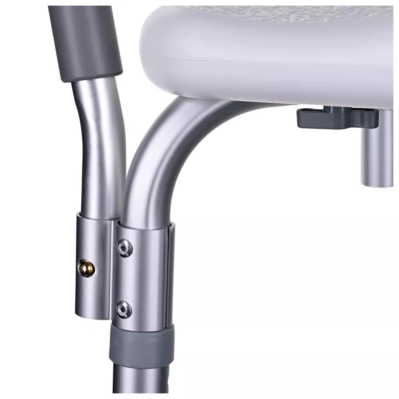 Dušas krēsls ActionMed KP300AM ar atzveltni un roku balstiem, polipropilēns, regulējams augstums 43–56 cm, sēdeklis 40×33 cm, maksimālais lietotāja svars 110 kg