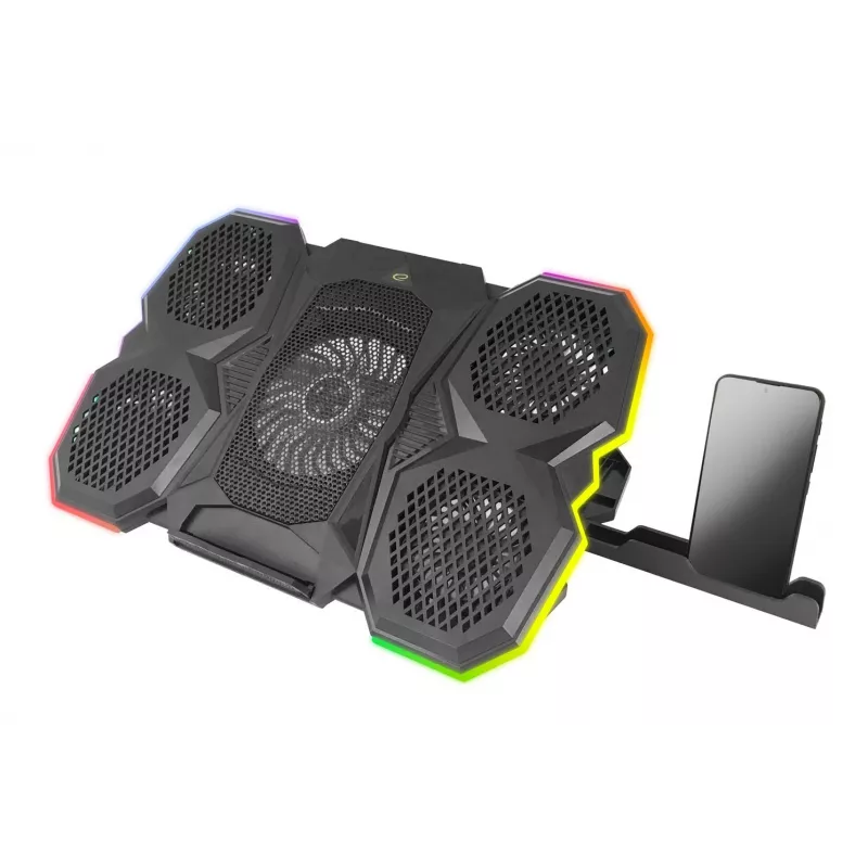 Portatīvā datora dzesēšanas paliktnis ESPERANZA EGC107 — 3 ventilatori 1200–2600 RPM, 390×255×38 mm, USB PD, RGB, 5 augstuma pozīcijas, melns