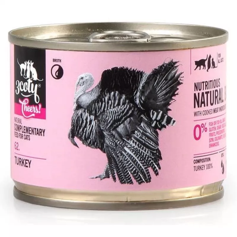 Papildu mitrā kaķu barība 3coty TURKEY Cheers! bundža 160 g — monoproteīnu, pieaugušiem kaķiem, bez lipekļa un bez cukura