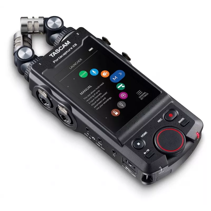 Portatīvais daudzceliņu audio ierakstītājs Tascam Portacapture X8 — 6 kanāli, 24/32 biti, līdz 96 kHz, 4 XLR/TRS kombinētās ieejas, SD karte, USB‑C, baterija vai tīkls