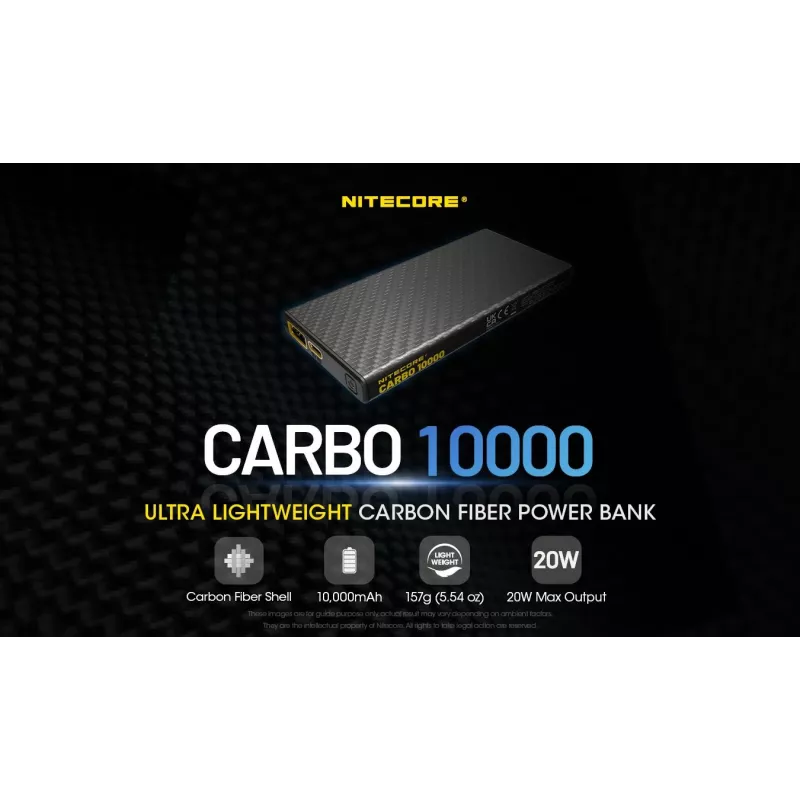 Pārnēsājams ārējais akumulators Nitecore CARBO 10000 — litija jonu 10000 mAh, 38 W PD, USB‑A + USB‑C, pelēks