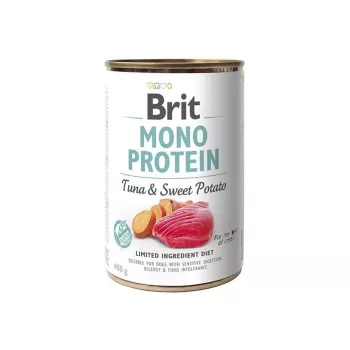 Mitrā suņu barība Brit Mono Protein Tuncis ar batātēm 400 g — viena dzīvnieku izcelsmes proteīna, pilnvērtīga konservēta maltīte
