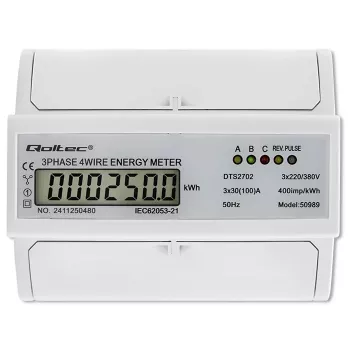 Qoltec Trīsfāzu divvirzienu elektroniskais skaitītājs | DIN sliedes enerģijas patēriņa mērītājs | 400V | 100A | LCD | 4P