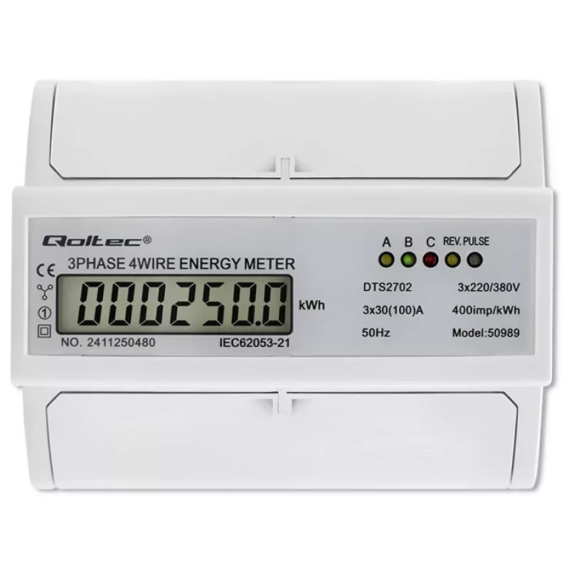 Qoltec Trīsfāzu divvirzienu elektroniskais skaitītājs | DIN sliedes enerģijas patēriņa mērītājs | 400V | 100A | LCD | 4P