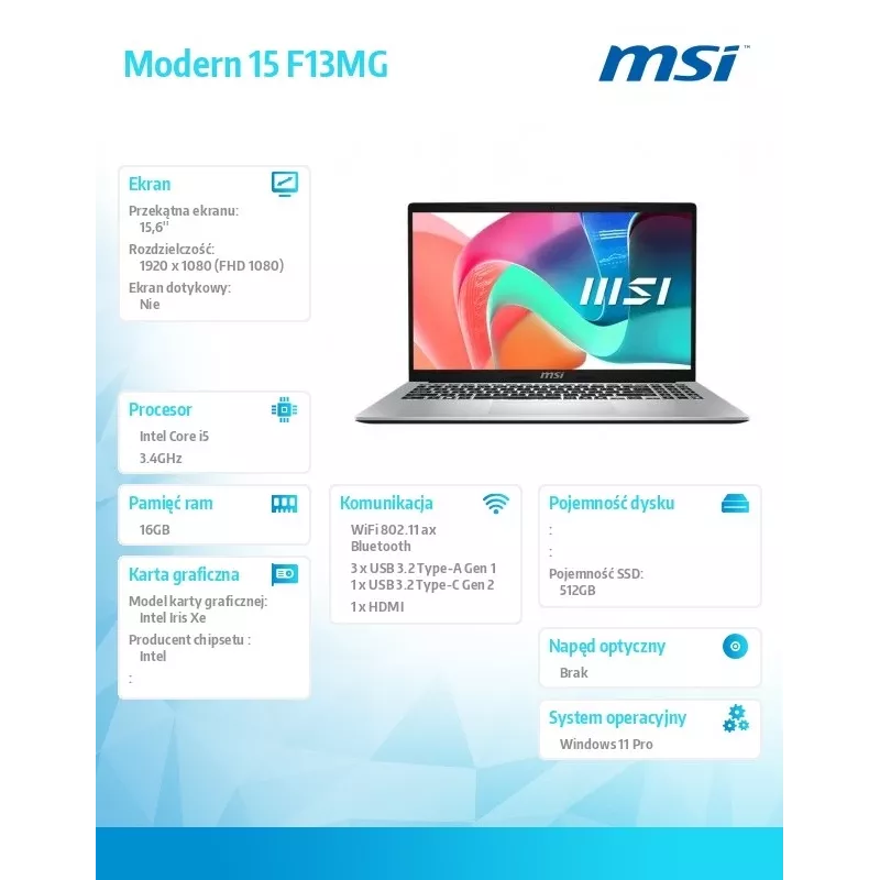 Piezīmjdators Modern 15 F13MG-443PL WIN11PRO/Raptor Lake i5-1334U/16GB/512SSD/IrisXe/15.6''/3Y
