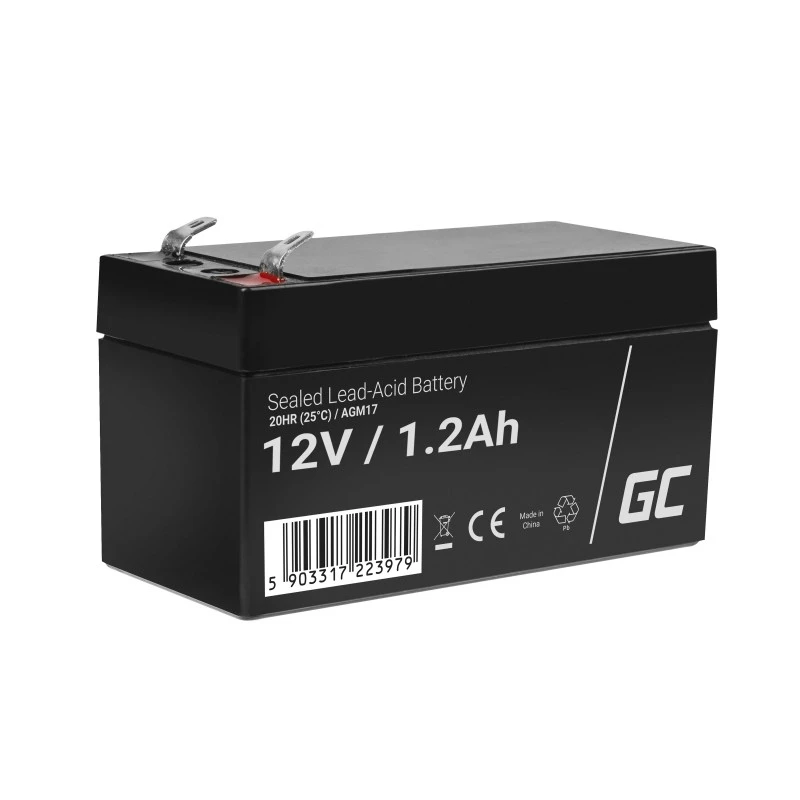 Hermētiska svina-skābes (VRLA) baterija zaļa Cell AGM17 12 V 1,2 Ah — augstums 52 mm, 43×97 mm, 0,5 kg