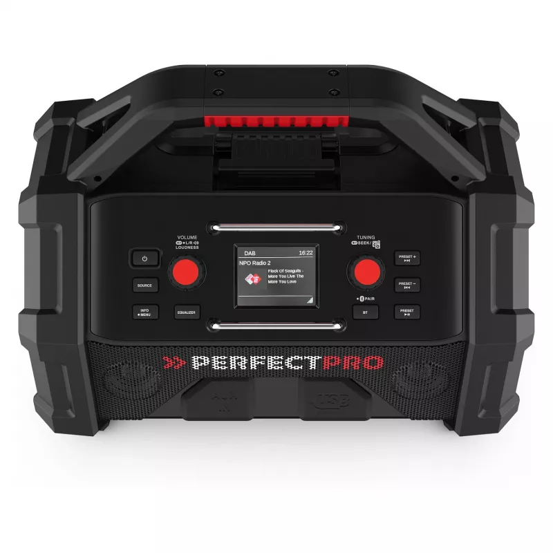 Pārnēsājamais celtniecības radio PerfectPro ROCKTAGON 18V — ar baterijām darbināms darba vietas radio