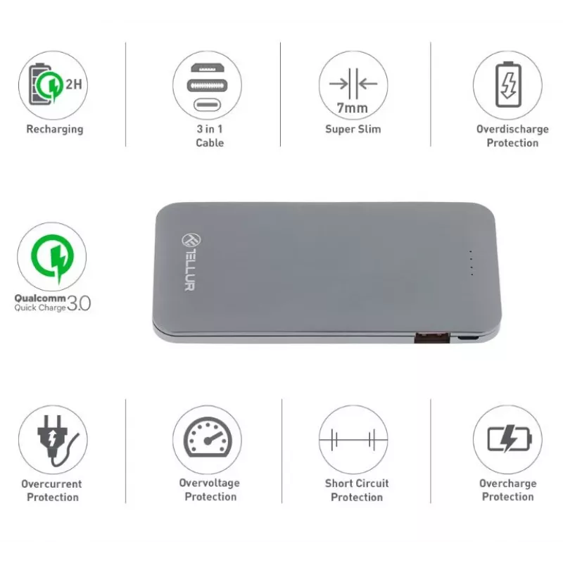Pārnēsājams ārējais akumulators Tellur QC 3.0 Fast Charge, 5000 mAh