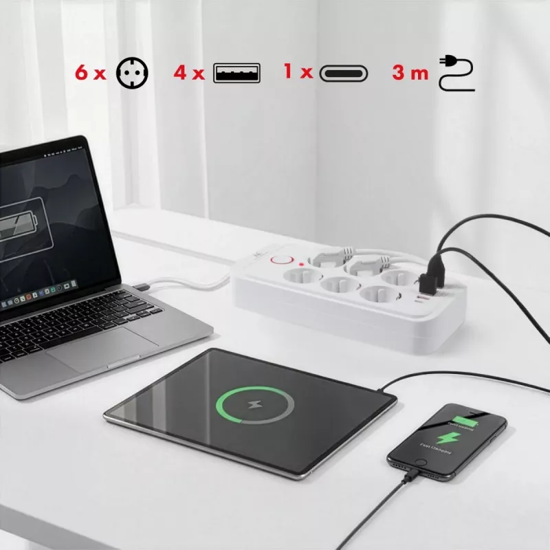 Kontaktligzdas MACLEAN MCE391 W — 6 ligzdas, 4×USB-A + 1×USB-C, 3 m kabelis, 110–240V, 2500W, balta