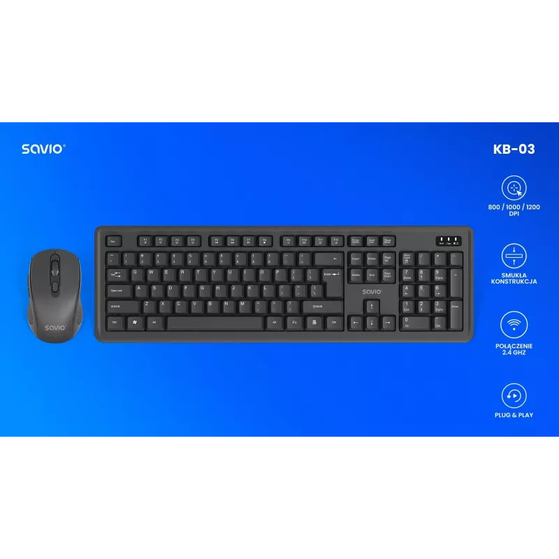 Savio KB-03 tastatūra ar peli, mājām/birojam, USB, QWERTY, US English, melna