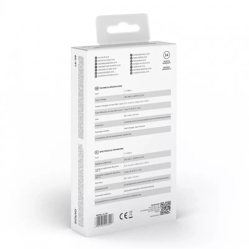 Sienas lādētājs 20W LA-09 USB-C QC, PD 3.0 Savio SAVLA-09