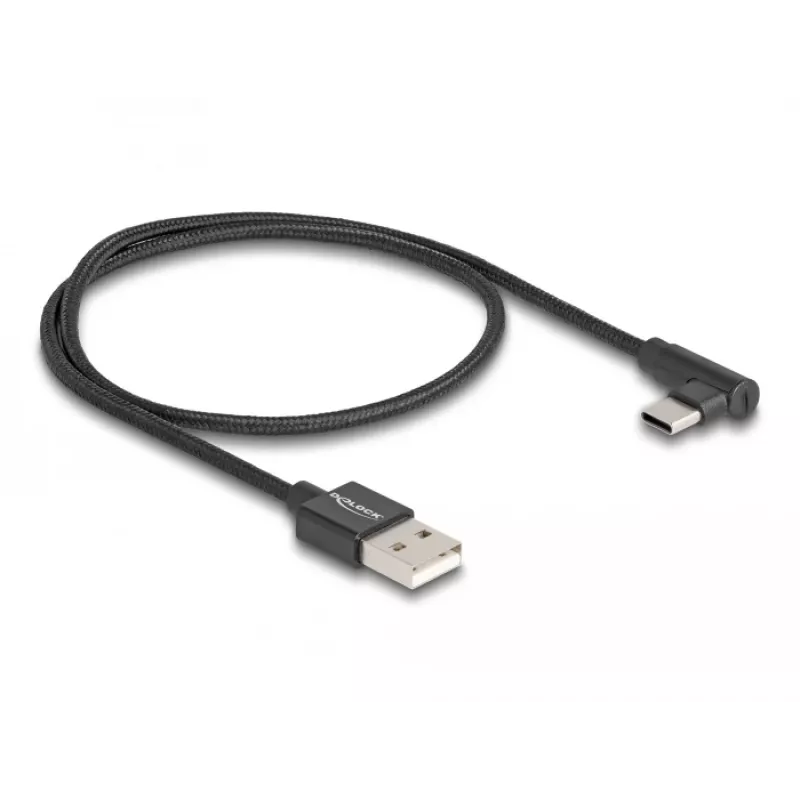 DeLOCK USB 2.0 kabelis, Type-A vīriešu uz Type-C vīriešu, leņķveida, 0,5 m, melns