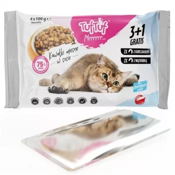 Mitrā kaķu barība TufTuf Variety Pack 4×100 g (2×vista, 2×aknas) - pieaugušiem kaķiem, pilnvērtīga barība, 81,5% mitruma
