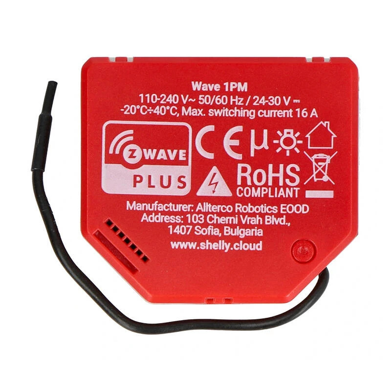 Viedais slēdzis Shelly W 1PM plastmasas 16A 110–240V, Z‑Wave, 868,4 MHz, sarkans, 42×37×16 mm