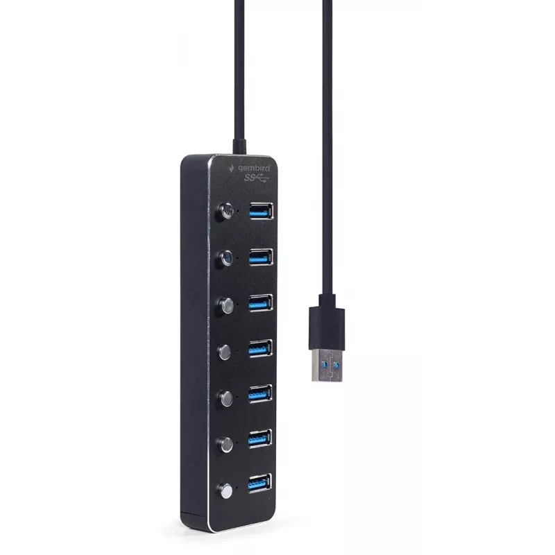 USB centrmezgls Gembird UHB-U3P7P-01, 7 portu USB 3.2 Gen 1 (Type-A), 0,24 m kabelis, melns