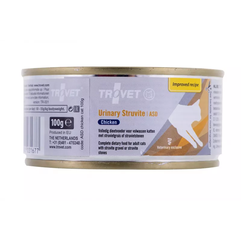 Mitrā kaķu barība TROVET 100 g ar vistas garšu — veterinārā diēta pieaugušiem kaķiem, olbaltumvielas 9,2%, tauki 5,5%, mitrums 76%, atbalsta urīnceļu un nieru veselību