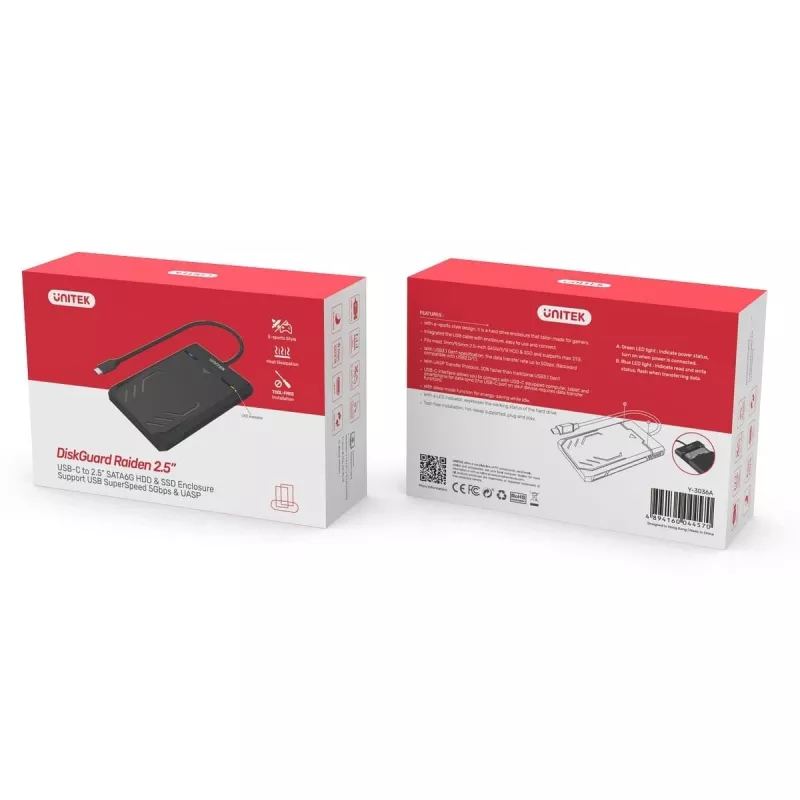 Unitek Y-3036A - DiskGuard Raiden 2.5 USB-C uz SATA III 2.5” HDD/SSD cietā diska korpuss
