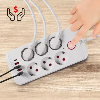 Strāvas sadalītājs MACLEAN MCE389 W — 6 kontaktligzdas, 4×USB-A, 1×USB-C, 2500 W, 110–240 V, 1,5 m kabelis, balts