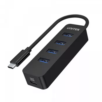 USB centrmezgls Unitek uHUB Q4 — 4 portu USB 3.2 Gen 1 (Type-A) centrmezgls, USB-C resursdators, 5 Gbit/s, 10 W, melns