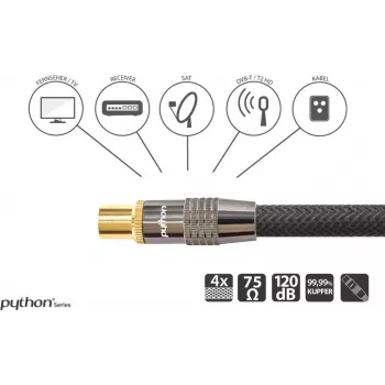 SAT antenas kabelis, IEC/koaksiālais spraudnis un kontaktligzda, zelta pārklājums, ekranējuma novērtējums 120 dB, 75 omi, neilona pinums, melns, 1 m, PYTHON® sērija (GC-M2011)