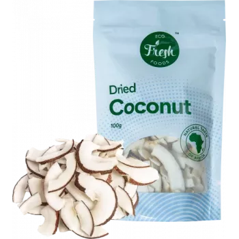 Žāvēts kokosrieksts Eco fresh foods 100 g – smalcināts žāvēts kokosrieksts, 100 g iepakojumā
