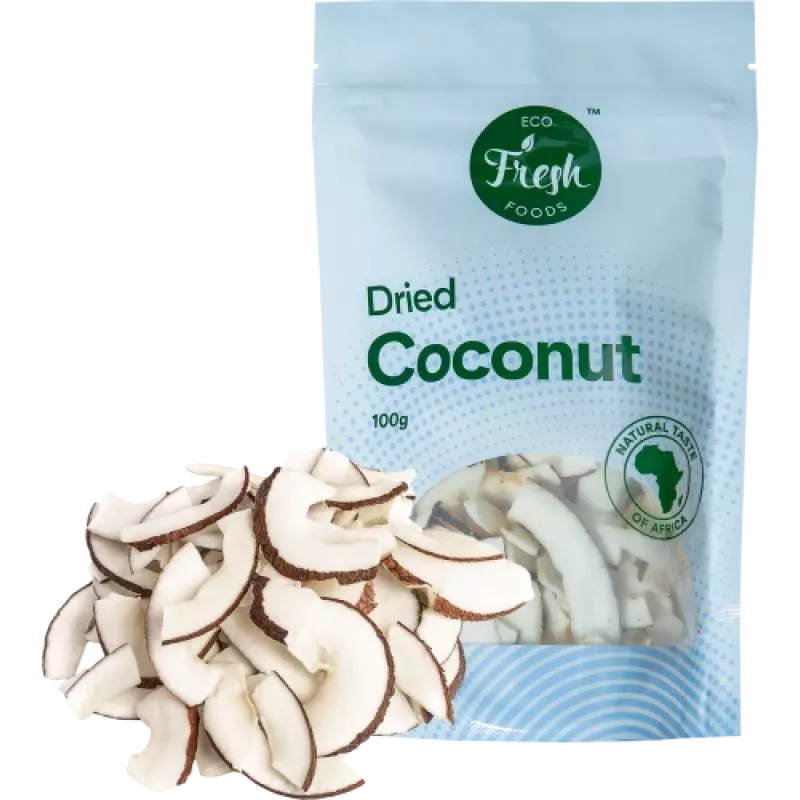 Žāvēts kokosrieksts Eco fresh foods 100 g – smalcināts žāvēts kokosrieksts, 100 g iepakojumā