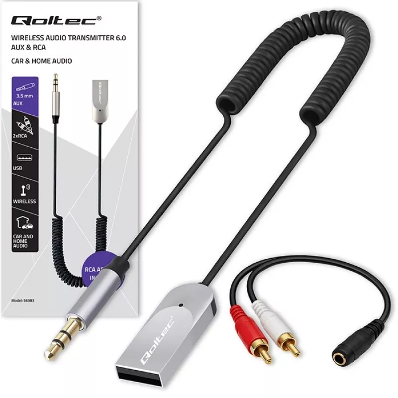 Bezvadu audio uztvērēja adapteris QOLTEC HiFi BT6.0 2xRC – Bluetooth audio uztvērējs skaļruņiem un automašīnu stereosistēmām