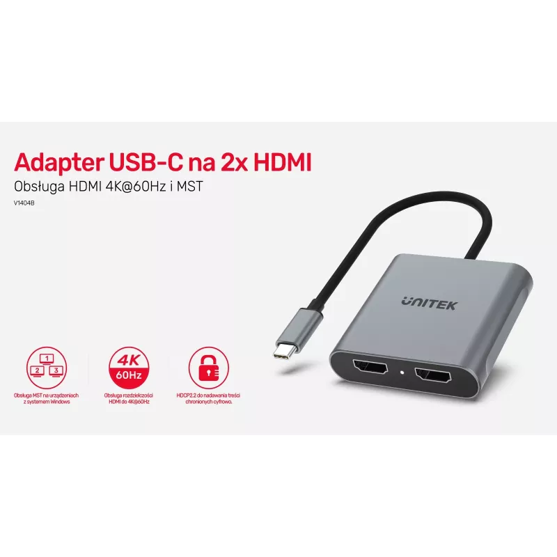 UNITEK ADAPTERS USB-C, 2x HDMI, 4K@60HZ, MST, V1404B (V1404B)