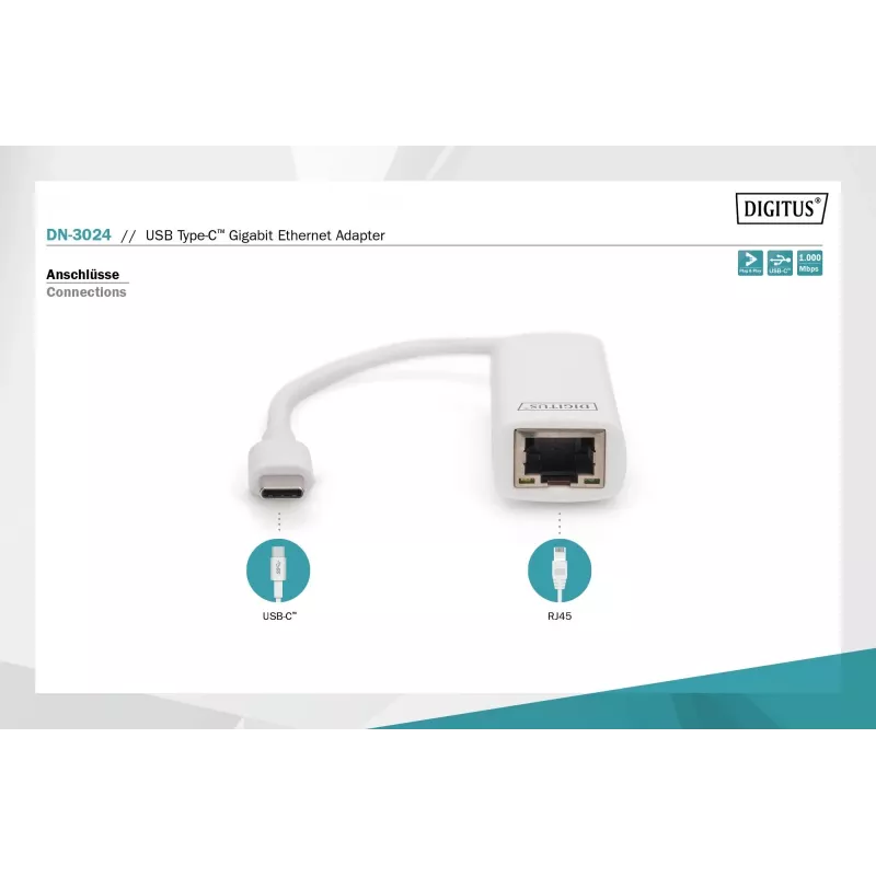 Digitus DN-3024 USB 3.0 adapteris 20 cm 1x USB-C uz 1x RJ45 ekranēts