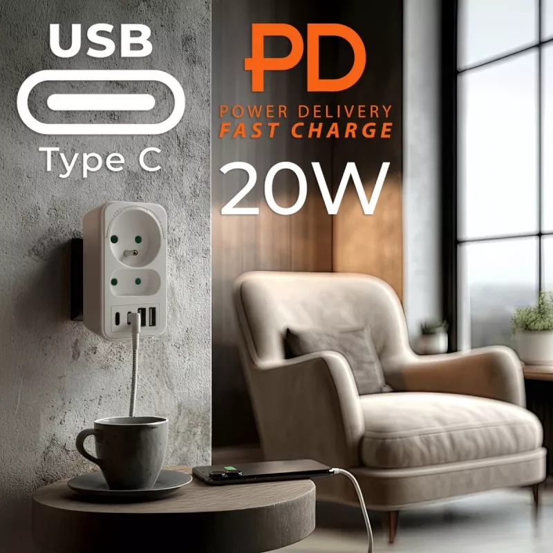 Strāvas sadalītājs MACLEAN MCE249 F/W — 2x elektrotīkla rozetes (16A + 6A) un 4x USB (2x A, 2x C PD 20W)