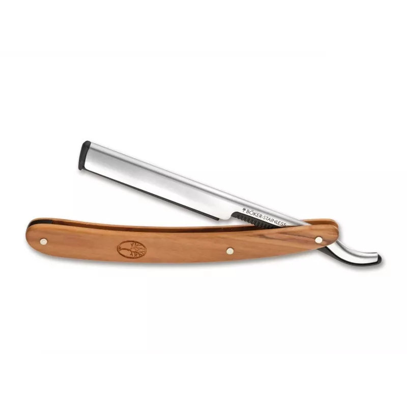 Taisnais skuveklis Böker Solingen Barberette Olive – 140902, olīvkoka rokturis, fiksēts asmens skuveklis