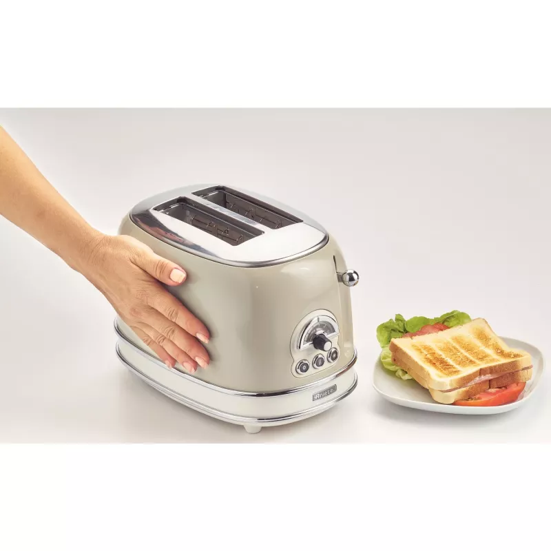 Ariete 155 Design 2 Slice Toaster ar sviestmaižu turētājiem, 6 grauzdēšanas līmeņi, 810 W, nerūsējošā tērauda korpuss, noņemama drupatu paplāte, pasteļbēšs
