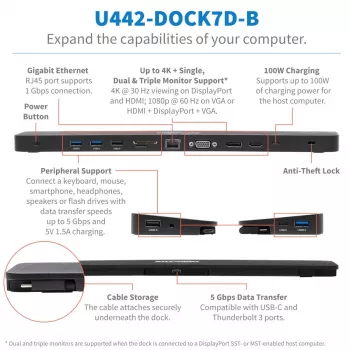 USB-C dokstacija, trīskāršs displejs - 4K HDMI un DP, VGA, USB 3.2 Gen 1, USB-A/C centrmezgls, GbE, 100 W PD uzlāde