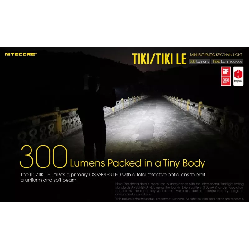 Rokas lukturītis Nitecore TIKI LE — 300 lm, uzlādējams ar USB, polikarbonāts, IP66, triecienizturīgs, 10,5 g, 55 mm, Melns