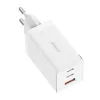 Sienas lādētājs Baseus GaN5 Pro 65W — USB + 2×USB-C (QC3.0, PD3.0) ar 1 m USB-C kabeli, balts