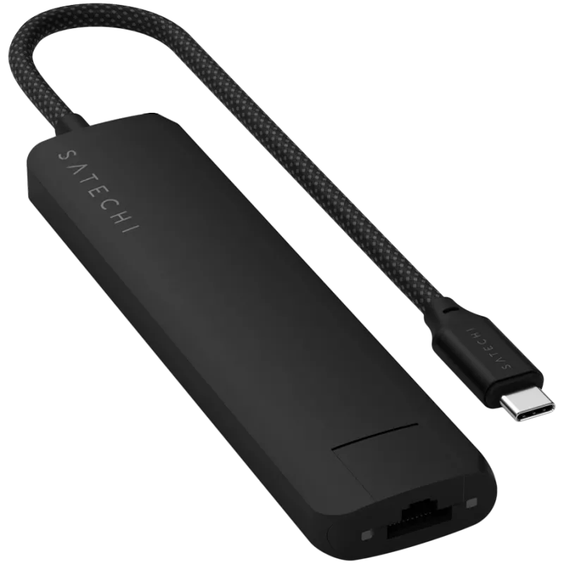 Satechi 7-in-1 USB-C Slim Multiport Adapter Ethernet (USB-C PD, 2x USB-A, HDMI 4K, Ethernet, micro/SD karšu lasītājs) (Melns)