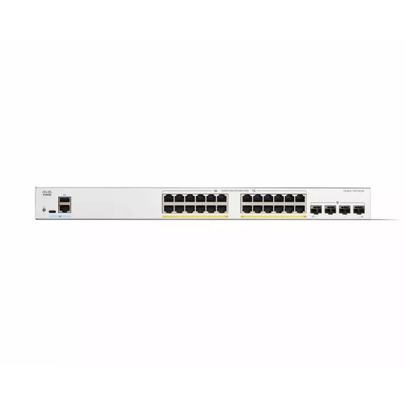 Cisco Catalyst 1200-24FP-4G viedais slēdzis, 24 porti GE, pilns PoE, 4x1GE SFP, ierobežota mūža aizsardzība (C1200-24FP-4G)