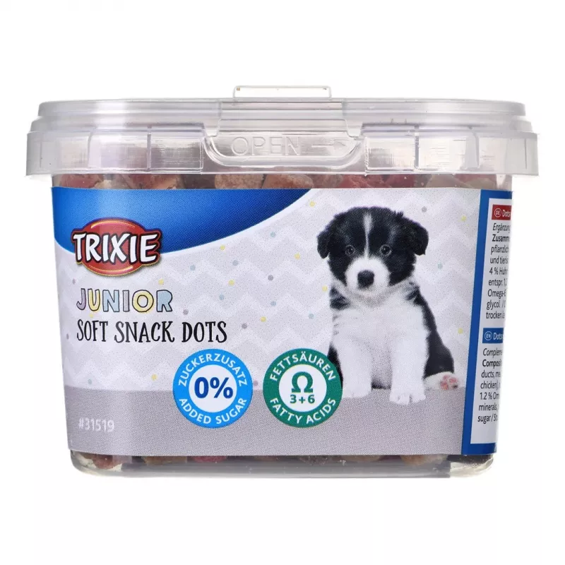 Suņu apmācības kārumi Trixie Junior Dots 140 g — mīksti laša našķi kucēniem