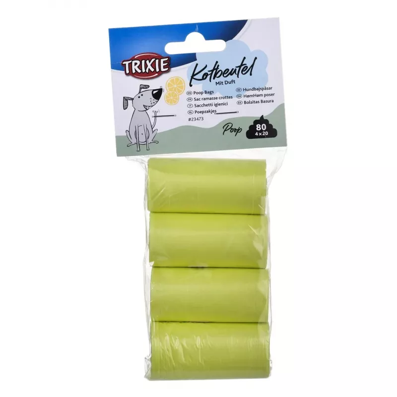 Suņu ekskrementu maisiņi Trixie Lemon Scented M — 20 gab. rullī, 4 ruļļi (80 maisiņi), dzeltens plastmasa