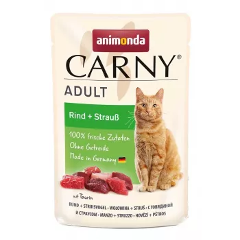 Mitrā kaķu barība Animonda Carny Beef & Ostrich 85 g — pieauguši kaķi, bez graudiem, paciņa