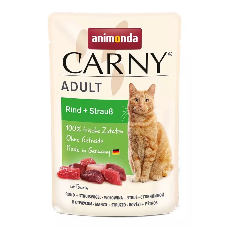 Mitrā kaķu barība Animonda Carny Beef & Ostrich 85 g — pieauguši kaķi, bez graudiem, paciņa