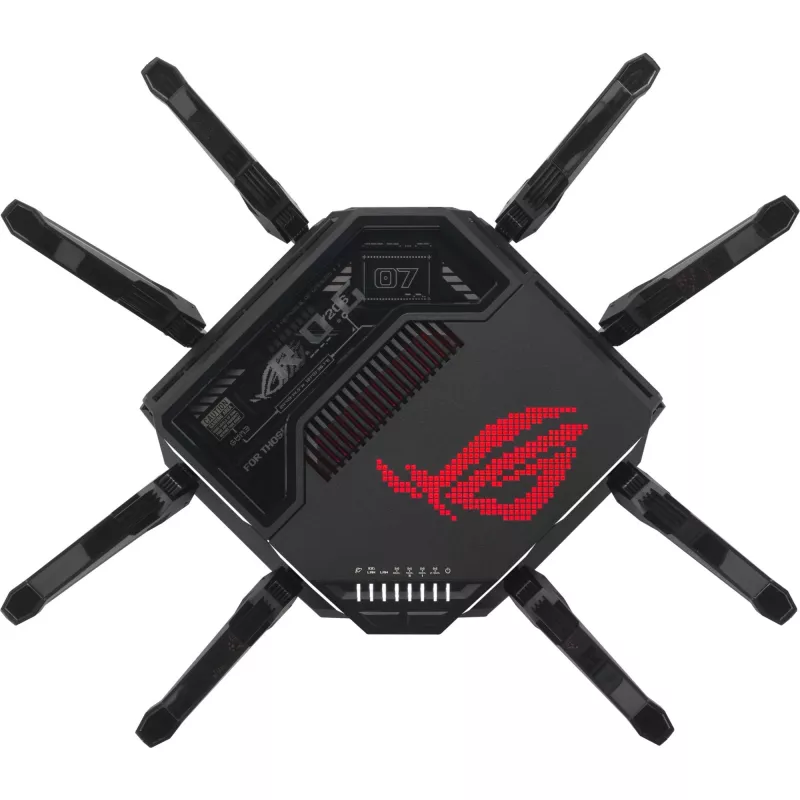 ASUS ROG Rapture GT-BE98 bezvadu maršrutētājs 10 Gigabit Ethernet četru joslu (2.4 GHz / 5 GHz-1 / 5 GHz-2 / 6 GHz) Melns