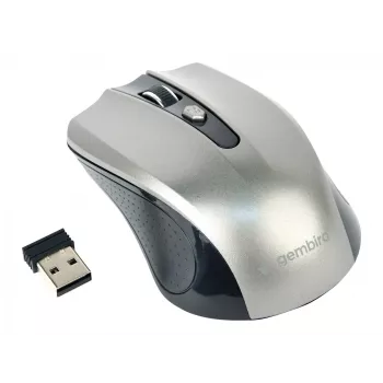 Bezvadu pele GEMBIRD MUSW-4B-04-BG — labās rokas, optiskā 1600 DPI, 4 pogas, RF bezvadu, melna/pelēka