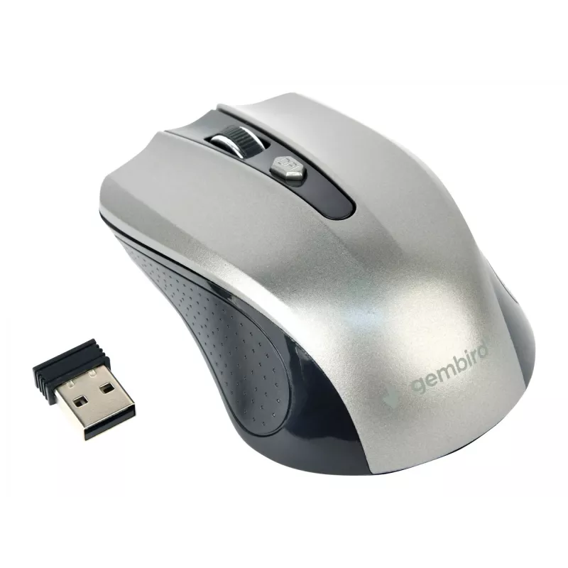 Bezvadu pele GEMBIRD MUSW-4B-04-BG — labās rokas, optiskā 1600 DPI, 4 pogas, RF bezvadu, melna/pelēka