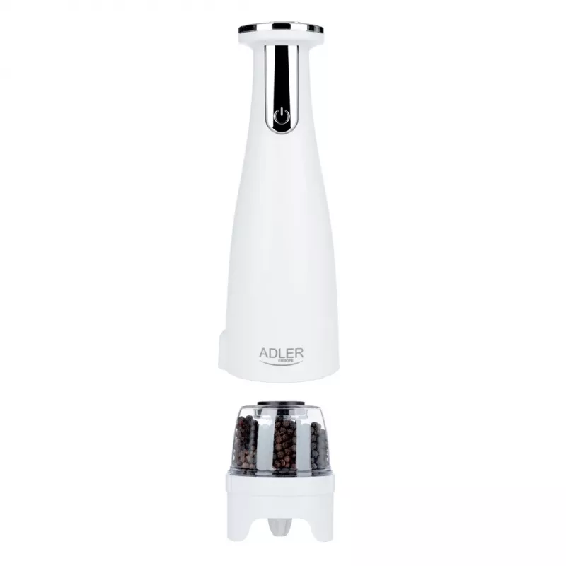 Burr sāls un piparu dzirnaviņu komplekts Adler AD 4449W Steel balta, keramiskas dzirnakmeņi, 150 ml, USB-C uzlādējams